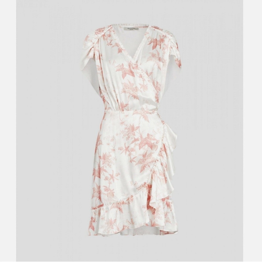 AllSaints Zini Mini Dress Size 8 Short Sleeve Asymmetrical Wrap  White and Pink